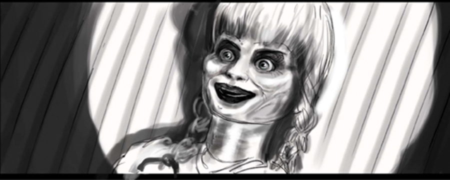 Annabelle storyboard by John Fox — the doll in the projector light